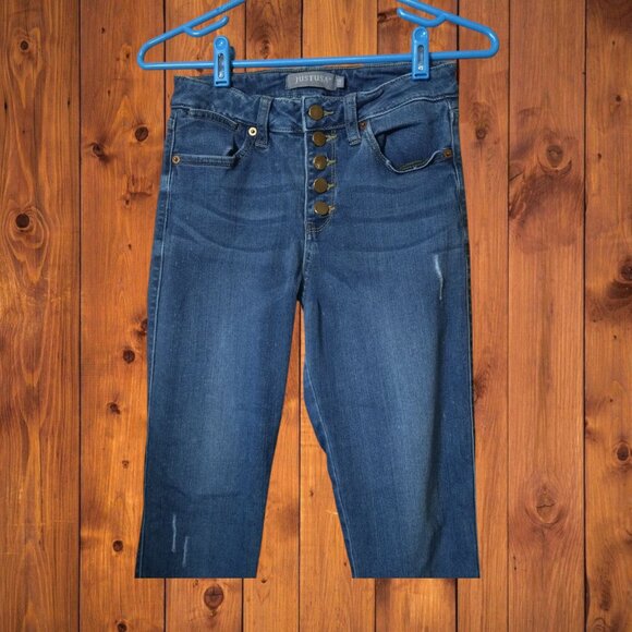 Just USA Women's Size 27 Button Fly Distressed Blue Denim Stretch Skinny Jeans - Picture 2 of 4